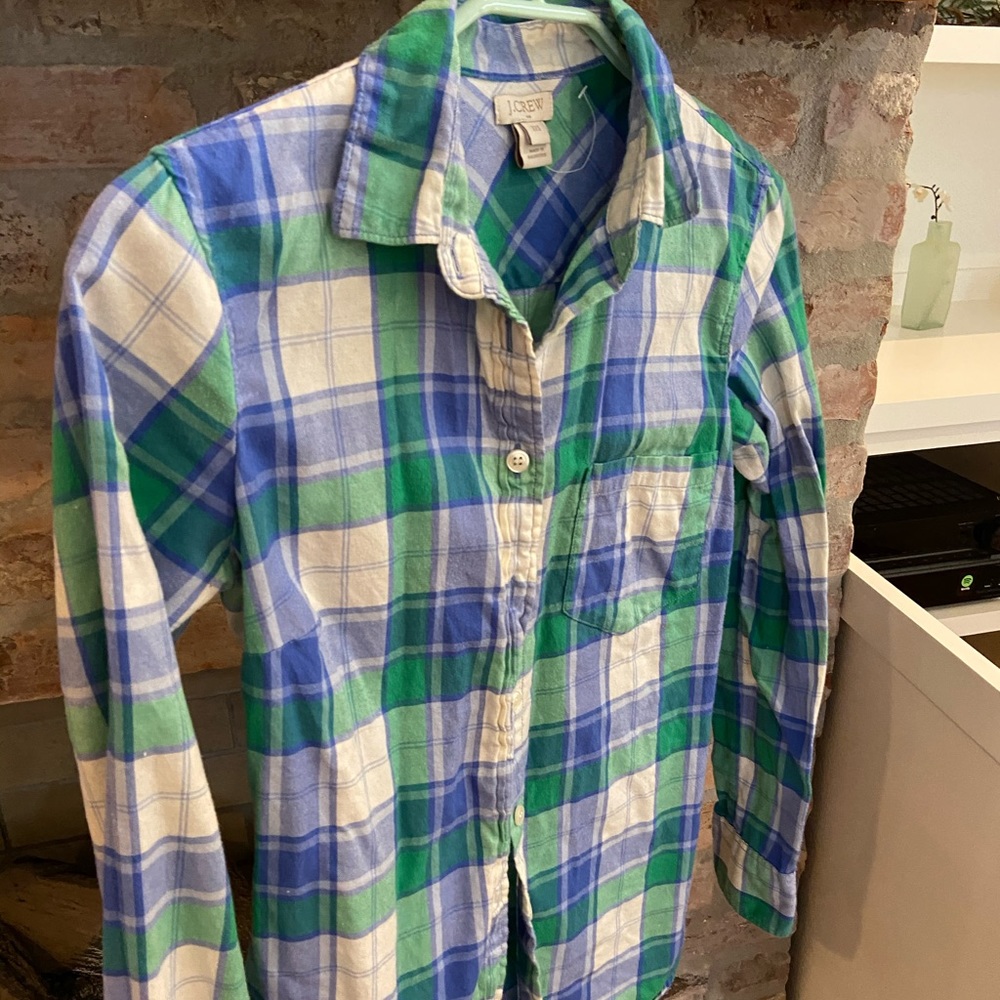 J crew green and blue plaid button down shirt
